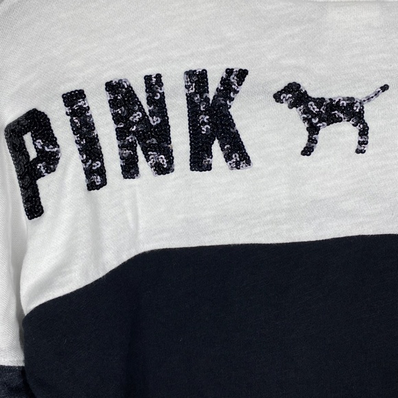 Victorias Secret PINK Bling Sequin Pure Black Triumph White Lace Up Varsity Crew - Picture 7 of 14